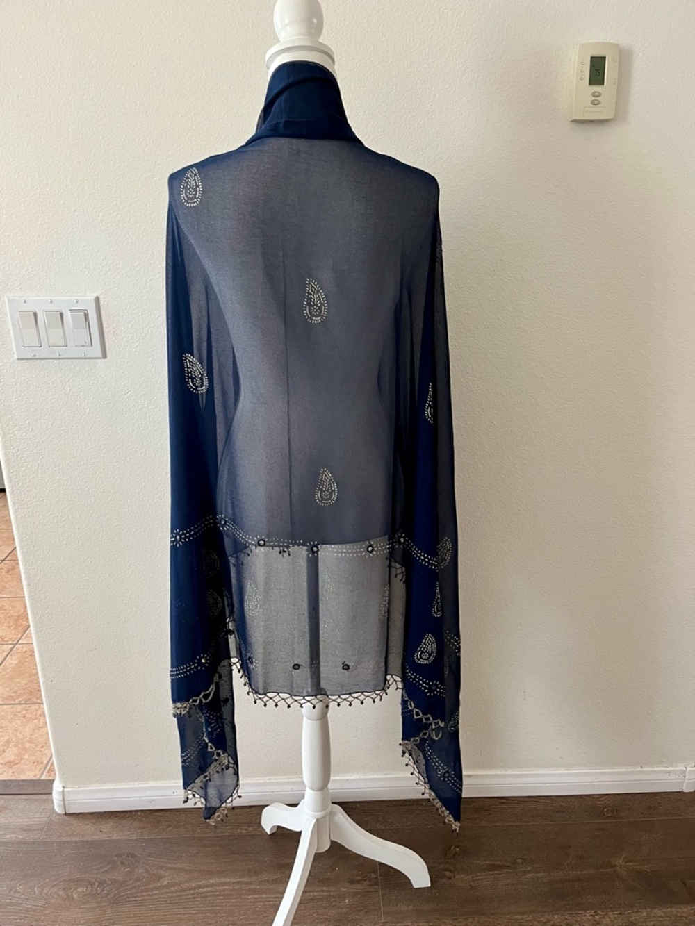 Sheer Navy Beaded Paisley Shawl Scarf 60/80 inches